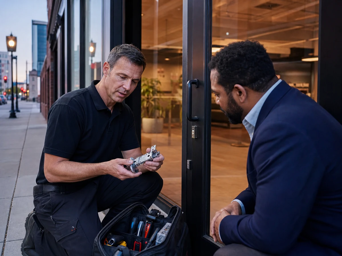 Commercial Emergency Locksmith Services — Locksmith Service Detroit Emergency locksmith assisting a manager at a Detroit storefront entrance