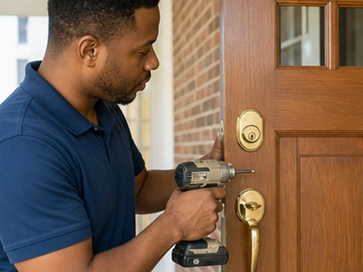 Residential Locksmith Services — Locksmith Service Detroit Residential locksmith installing a deadbolt on a Detroit home